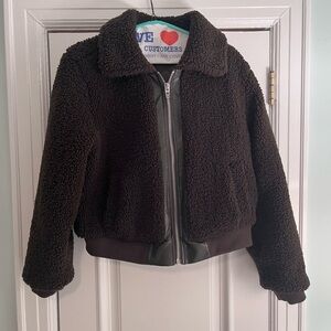 BLANK NYC Sherpa Teddy Bomber Jacket Forest Green w/ Faux Leather Trim